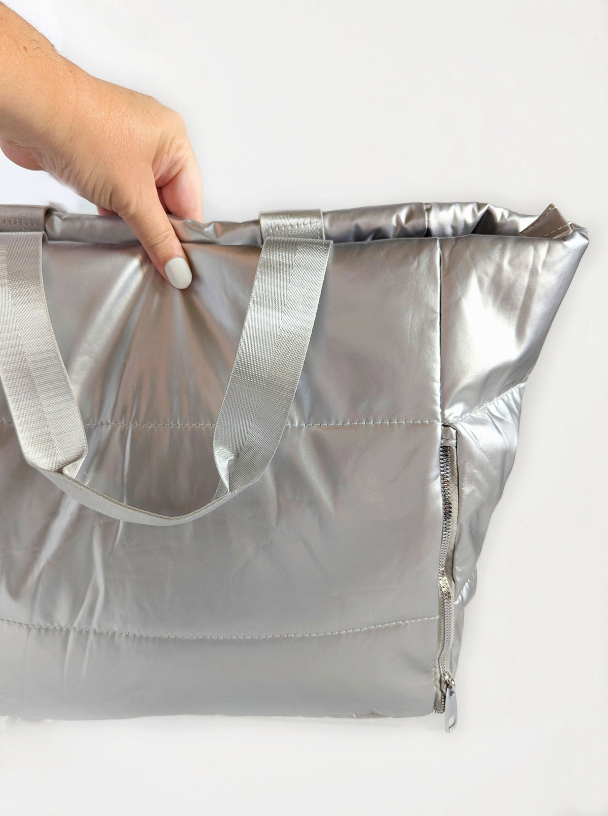 Metallic Quilted Tote | Black & Silver