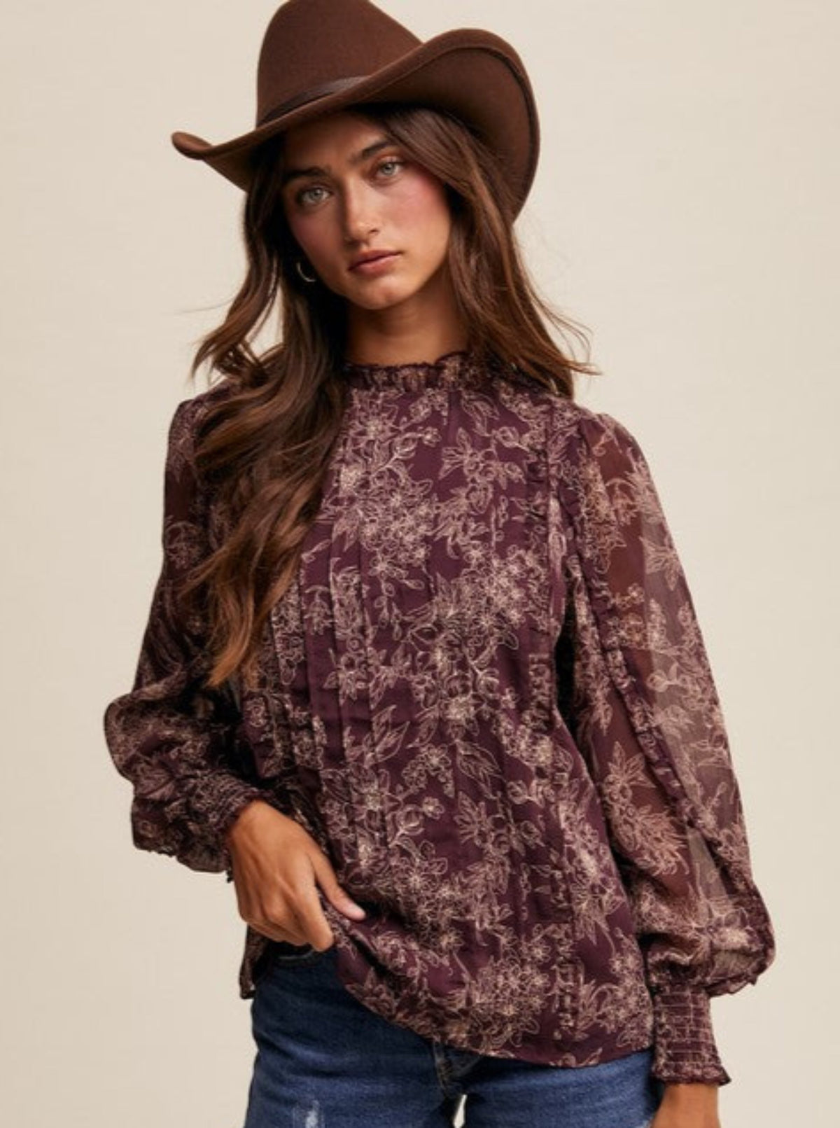 Floral Ruffle Top | Burgundy