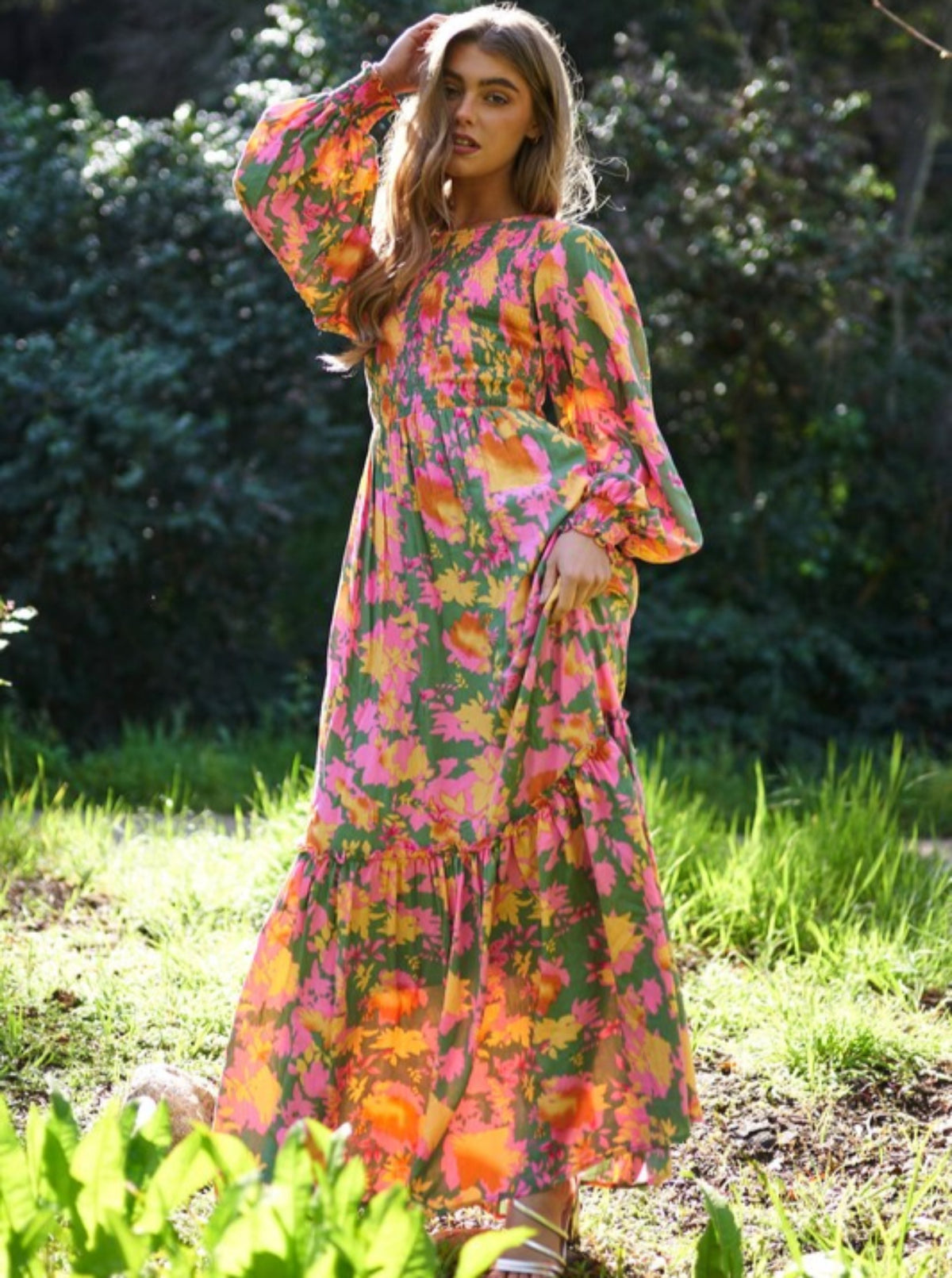 Smocked Floral Maxi Dress | Olive