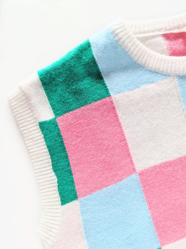 Checkered Knit Top | Jade, Pink & Blue