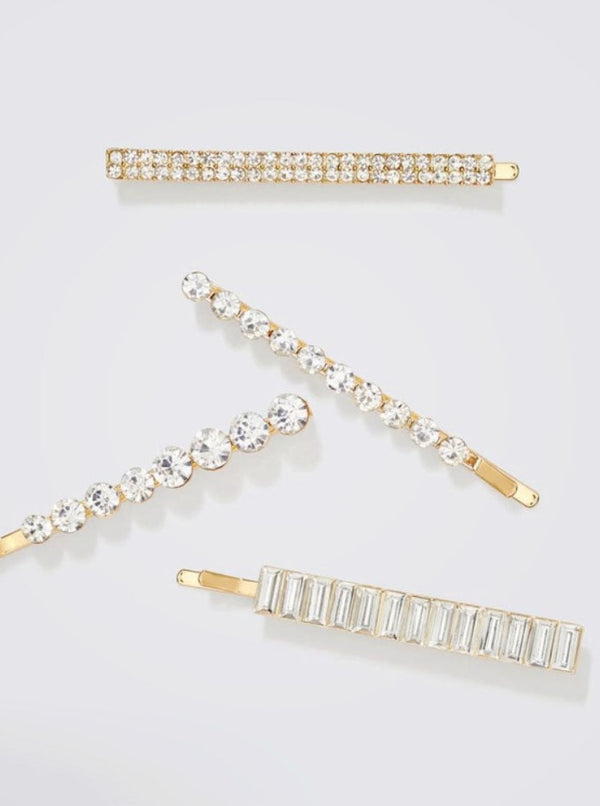 Metal Rhinestone Bobby Pin 4pc Set | Gold