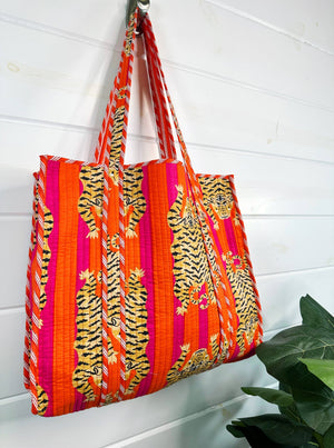 Quilted Tote Bag | Orange & Green